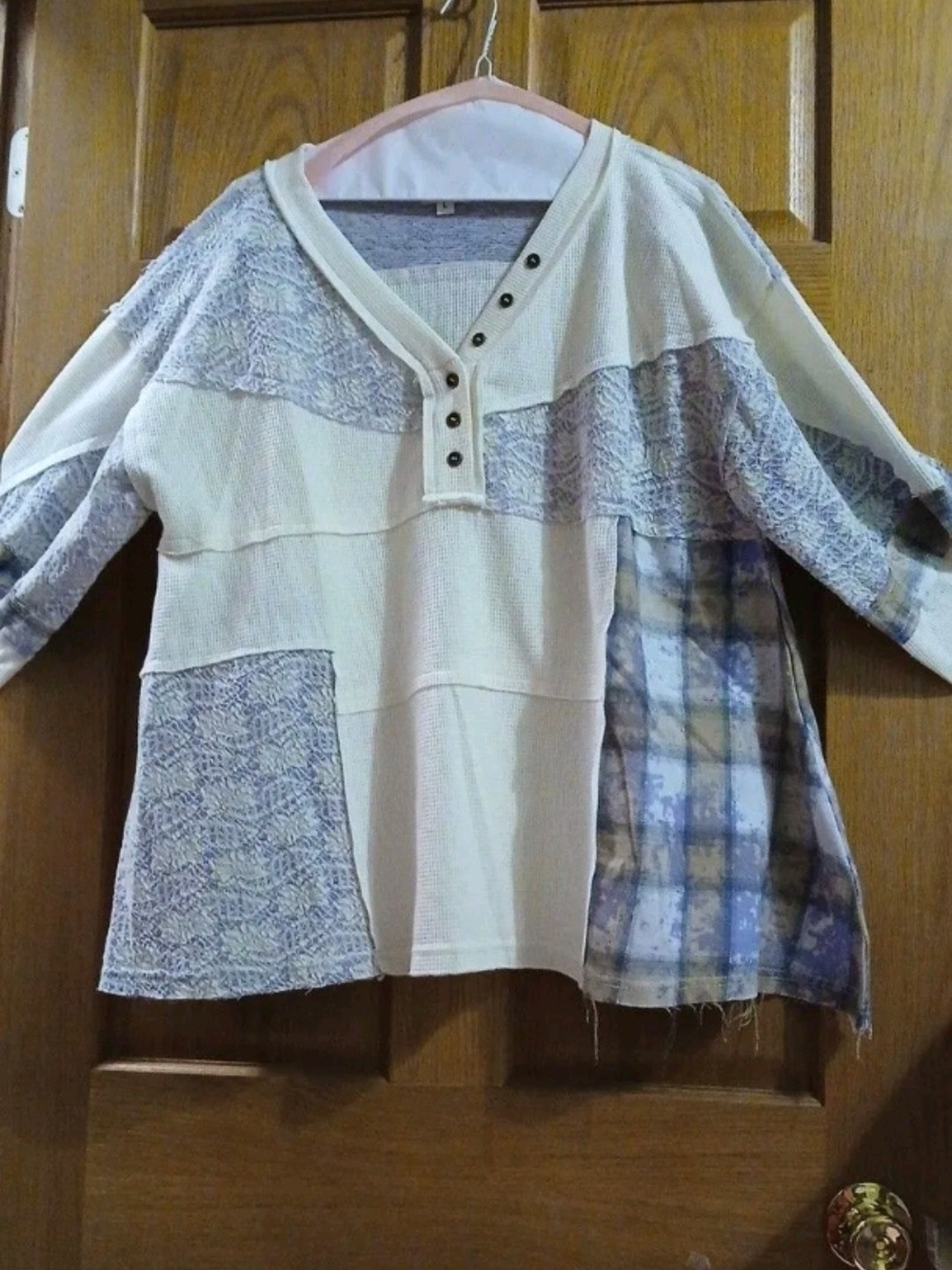 POL Cream & Light Blue Patchwork Henley Sweatshirt